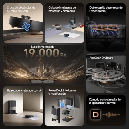 DREAME L40s Pro Ultra Aspiradora Robot, 19.000 Pa, Cepillo Doble HyperStream, Acceso a Altura de 4 cm, Cepillo Lateral Extensible y Elevable, Limpieza con Mopa de Agua Tibia a 75 °C, Autolimpieza 3.0