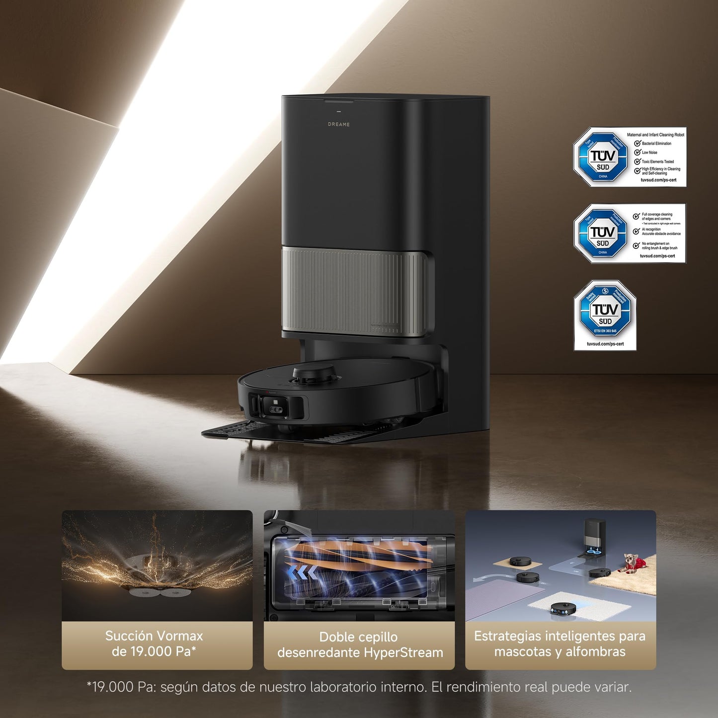 DREAME L40s Pro Ultra Aspiradora Robot, 19.000 Pa, Cepillo Doble HyperStream, Acceso a Altura de 4 cm, Cepillo Lateral Extensible y Elevable, Limpieza con Mopa de Agua Tibia a 75 °C, Autolimpieza 3.0