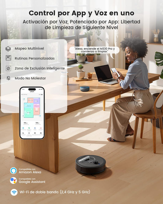 Lefant M330 Pro Robot Aspirador y Fregasuelos con Mapeo 3 en 1, 5000Pa, 150 min, Evitación de Obstáculos PSD 190°, Navegación dToF, 2,4GHz y 5GHz WiFi/Alexa/App